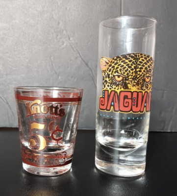 LOT OF TWO KNOTTS BERRY FARMS SHOTGLASSES 4'' JAGUAR 2''  5 CENT BEER SO. CAL PARK