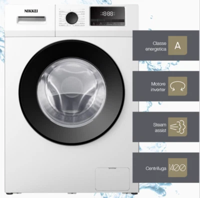 LAVATRICE 8KG CLASSE A MOTORE INVERTER 1400 GIRI STEAM ASSIST DISPLAY NIKKEI