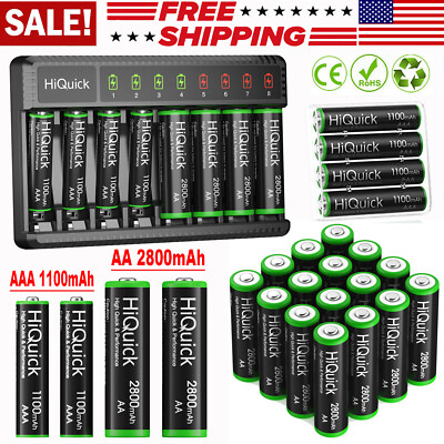 AAA AA Rechargeable Batteries 1100/2800mAh 1.2V Ni-MH / 8 Slots LCD Charger Lot