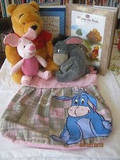 lot of winnie the pooh 3 plush, 2 books 1 bag