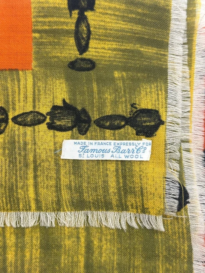 Cachecol de lã francês vintage famoso Barr Co St Louis floral laranja verde 34” quadrado - Imagem 3 de 3