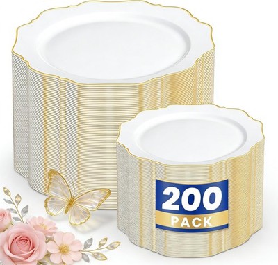 Wdf 200Pcs White And Gold Plastic Plates - Gold Plastic Plates - Include 100