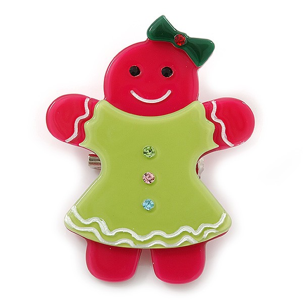 Magenta/ Lime Green Austrian Crystal Acrylic 'Gingerbread Girl' Brooch - 50mm