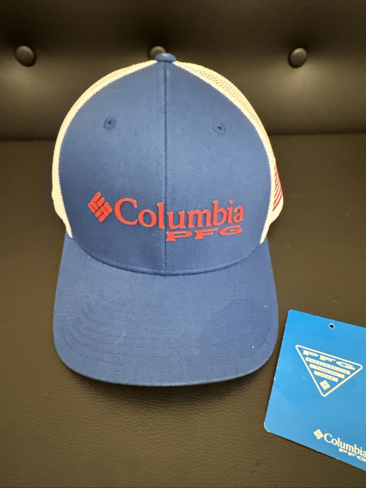 New Columbia PFG Hat Unisex S/M Red White Blue Spellout Logo Mesh Baseball Cap