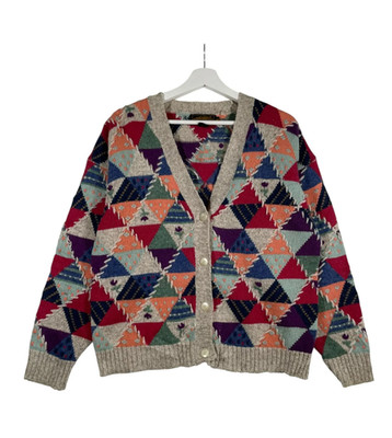 Vintage 90er Eddie Bauer Strickjacke Damen Medium Wolle Patchwork geometrisches Muster Pullover