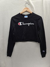 Champion Women's Black Cropped Long Sleeve Logo Sweatshirt/Tee Size-Small