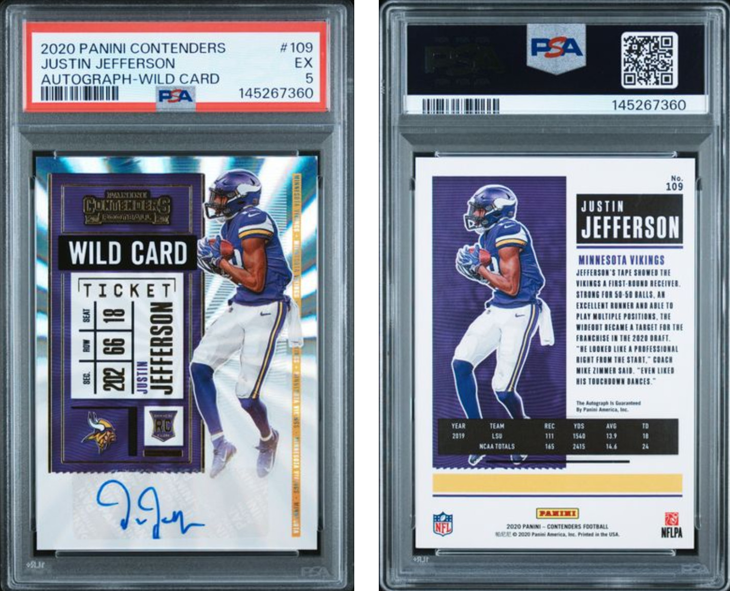 2020 JUSTIN JEFFERSON Contenders Auto Autograph Wild Card  SSP /50 #109 PSA 5 view 3