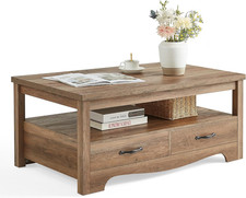 Farmhouse Coffee Table with Storage, Wood Coffee Table for Living Room, Open Dis