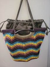 ZARA WOVEN & CANVAS BAG TOTE 17 Wooden Handle...