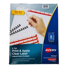 25 Sets Avery 8 Tab Print & Apply Clear Label Unpunched Dividers Letter Size