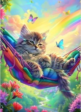 DIY 5D Hammock Cat Diamond Art Kits, Round Full Drill Rainbow Diamond Painting P