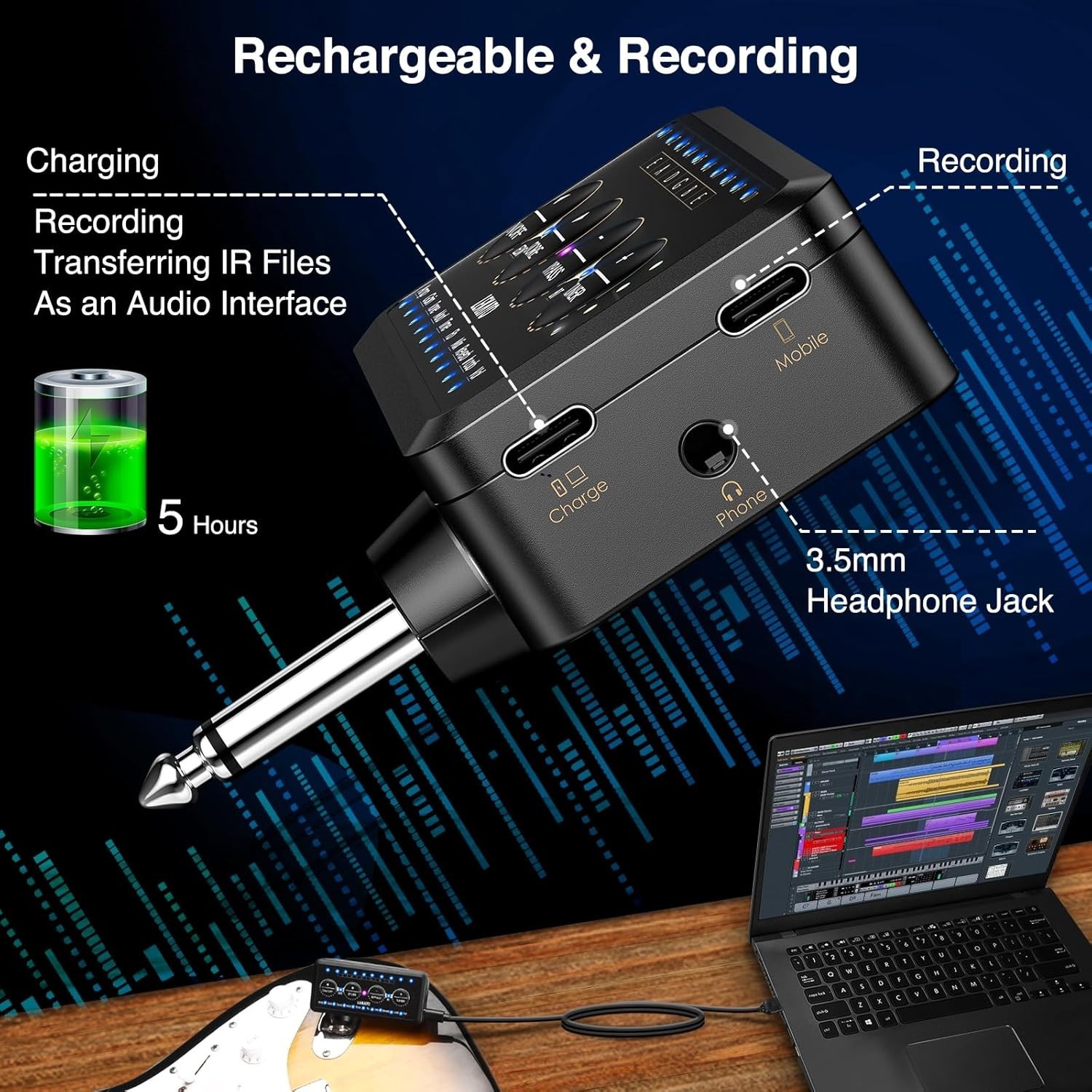 Portable Guitar Headphone Amp with 10 Multi-Effects & USB