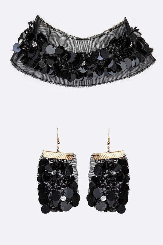 Lace Sequins Choker Necklace Set