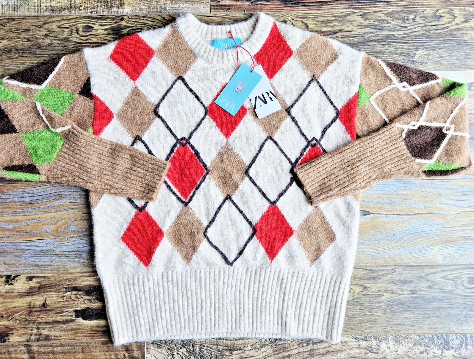 NWT Zara x Harry Lambert Wool Blend Argyle Jacquard Sweater Relaxed-Fit Men's L