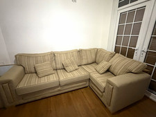 Beige Striped Fabric Corner Sofa, Track Arms, With Cushions for Living Room