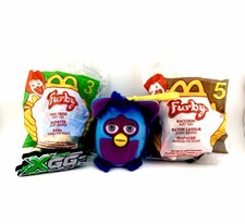 McDonalds Vintage 2000 Raccoon, Tree Frog,  Blue/Purple Plush Furby Keychains 3