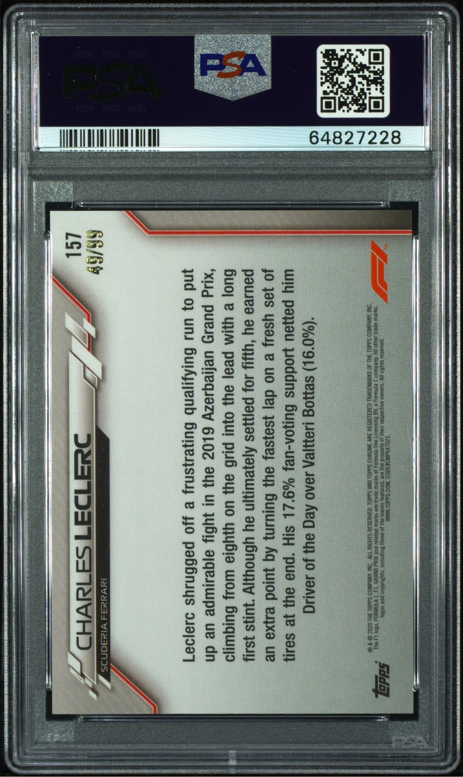 2020 Topps Chrome F1 Sapphire #157 Charles Leclerc RC Aqua Refractor /99 PSA 10 view 2
