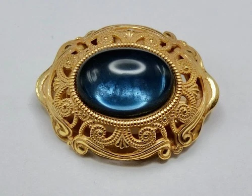 Miriam Haskell Signed Vintage Gold Tone Brooch With Bezel Set Blue Stone
