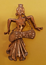 Stunning Vintage Gold Tone Metal Indian Lady Dhool Drum Player + Faux Diamonds