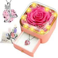 Preserved Pink Real Rose with Necklace Jewelry Box -Eternal Flowers Rose Gift...