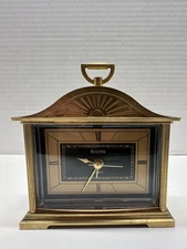 Vintage Bulova Quartz Small Gold & Green Desk Alarm Clock