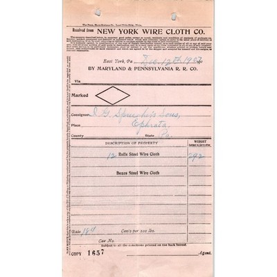 1907 New York Wire Cloth Co East York PA Letterhead Billhead Receipt D11