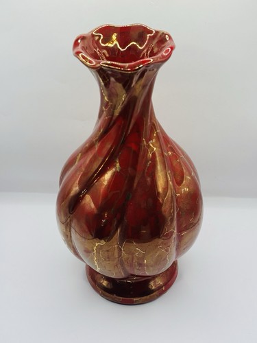 Grande vaso vintage a costine firmato numerato datato arti e mestieri ceramica oro rosso - Foto 4 di 8