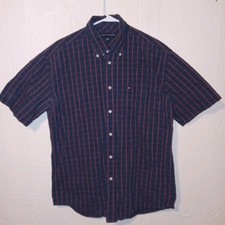 Tommy Hilfiger Shirt Mens Large Navy Blue Check Button Down Short Sleeve Logo