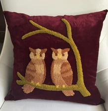 Vintage Owl Hooked Wool Throw Pillow 15” X 15” Handmade Green Burgundy