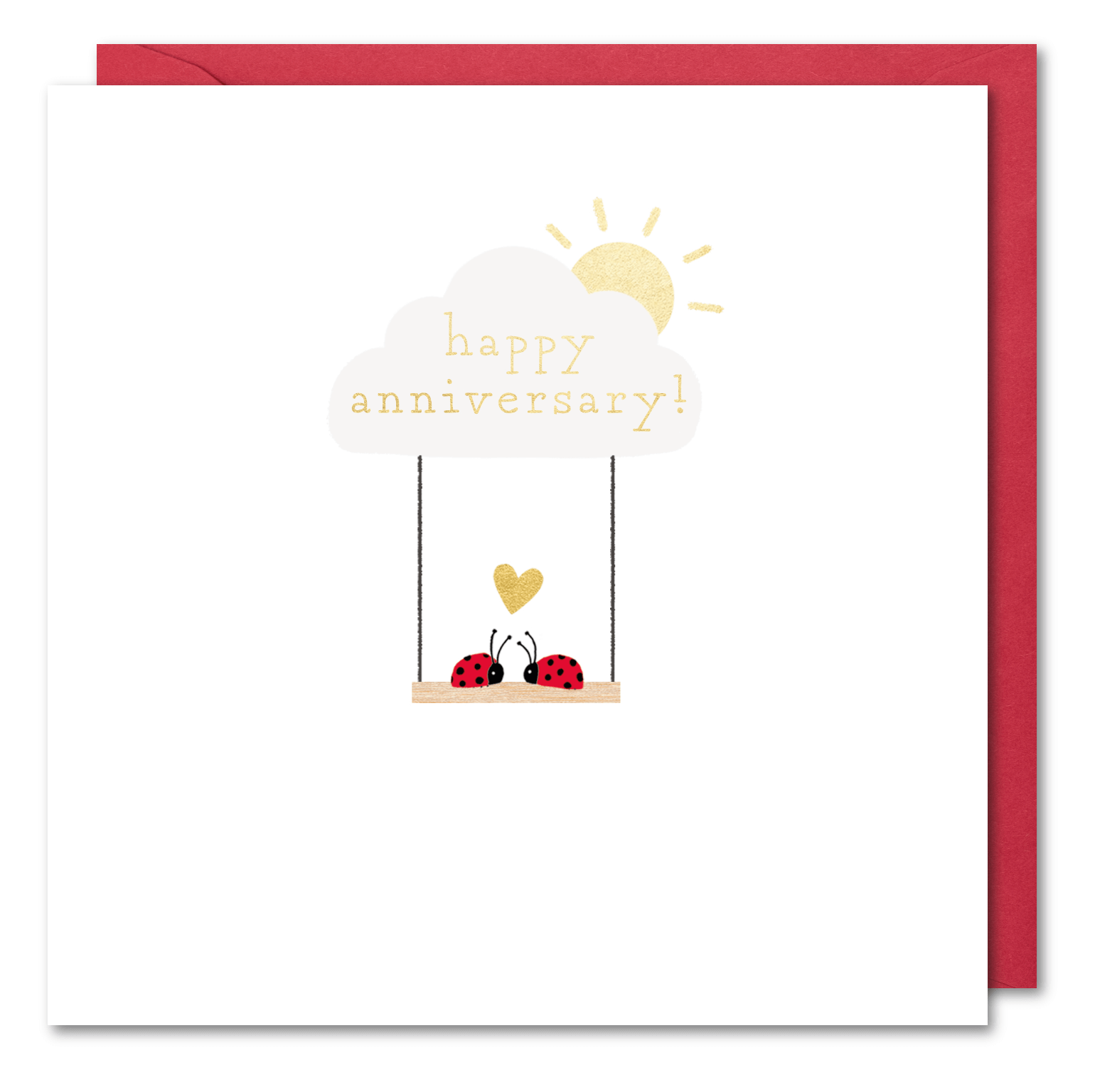 Happy Anniversary Card Ladybirds Love Swing - Cute Gold Foil Greeting Card