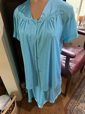 Vanity Fair Teal Knee gown and bedJacket Embroidered Flowers Small Made USA Vtg