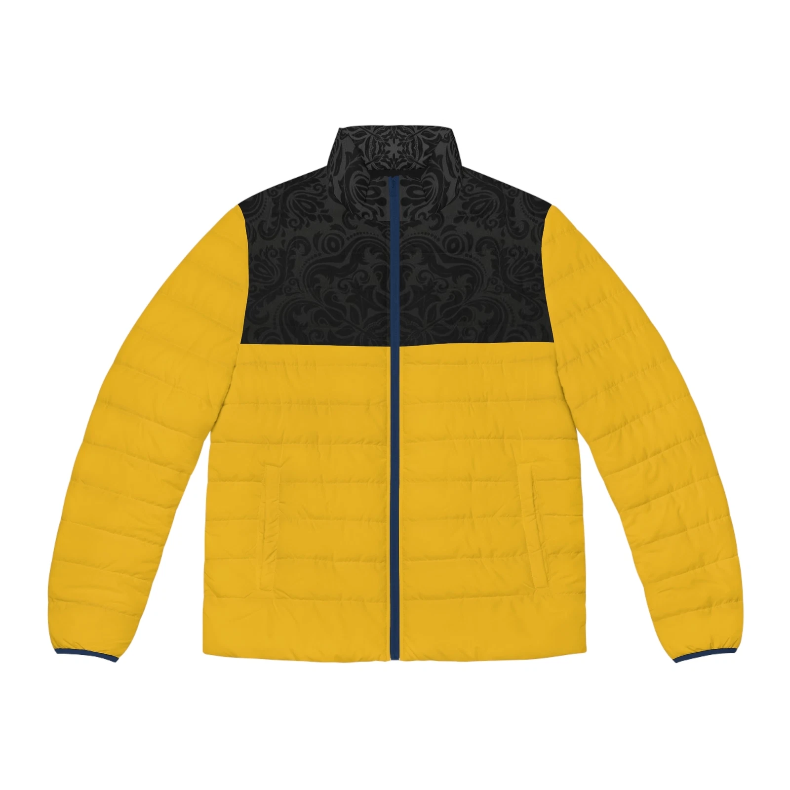 Stylish Men's Puffer Jacket - Bold Yellow with Decorative Black Design