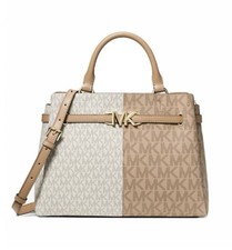 ☂️🍄Michael Kors Reed☄️LARGE☄️Two-Tone GraphicLogo Belted Satchel CAMEL COMBO