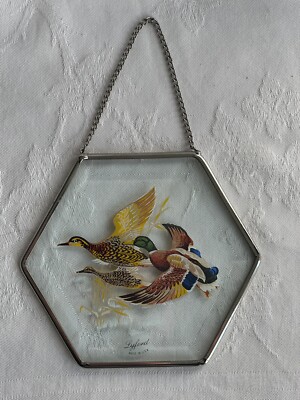 Vintage Lyford Mallard Ducks Glass Suncatcher Beveled Hexagonal USA Ornament NOS