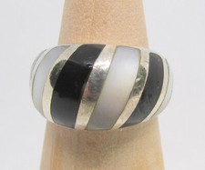 925 Sterling Silver Black Onyx Mother of Pearl Dome Band Ring Size 8 - 7.3g