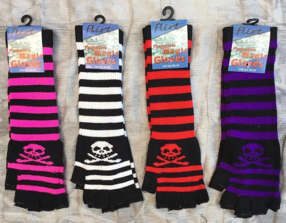 FLIRT Ladies skull and crossbone finger-less fingerless Magic LONG gloves NEW Emo goth