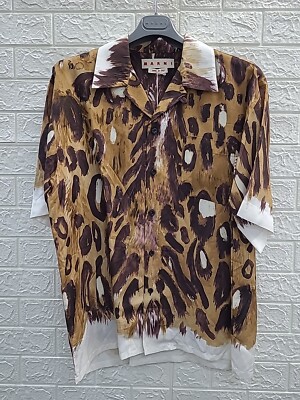 New Marni Earth of Siena Brown Printed Bowling Shirt Size 52 (XL)