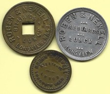 3 1920's Roben & Newell 5c,10c,25c Longview Washington Billiards Tokens