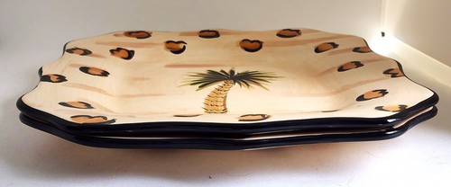 PLATES/DINNER-TABLETOPS GALLERY-"Jungle"-Cream Brown-Palm Tree-Wavy Edge-Set 2 - Picture 5 of 9