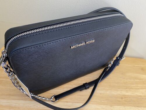 New Michael Kors Jet Item Large EW Crossbody Black Silver Saffiano Leather Bag - Bild 4 von 8