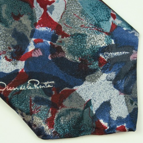 Vintage Oscar De La Renta Abstract Watercolor Mens Floral Tie Blue Red 57"x3.75"
