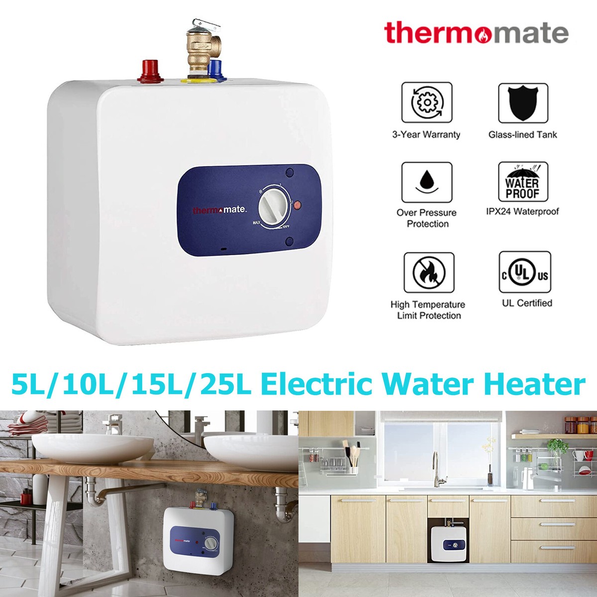 thermomate 15L/25L Indoor Tankless Electric Water Heater On Demand Instant  Hot