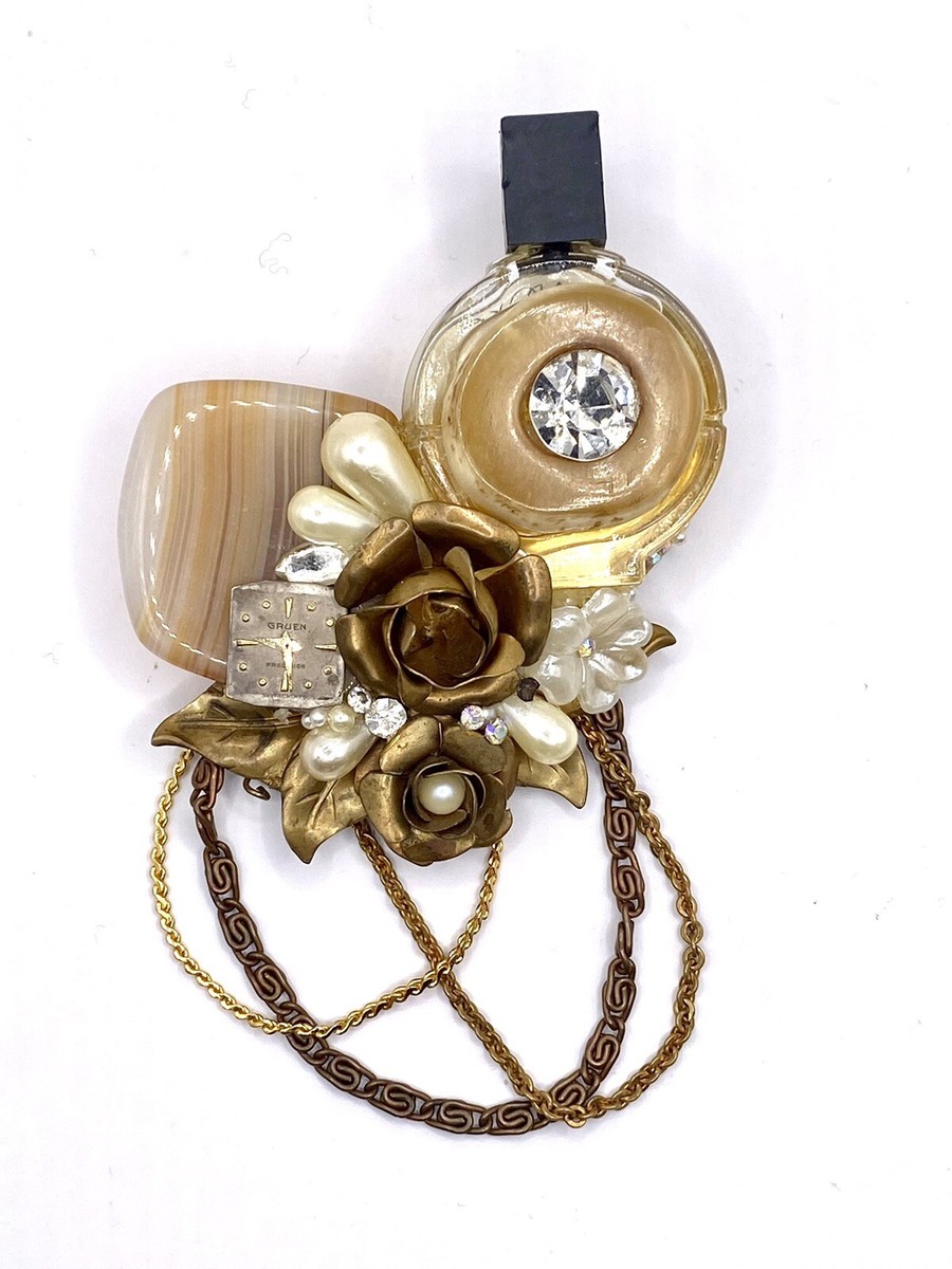 Vtg BRASS &amp; MIXED MATERIALS PERFUME BOTTLE BROOCH &ldquo;ONE OF A KIND 