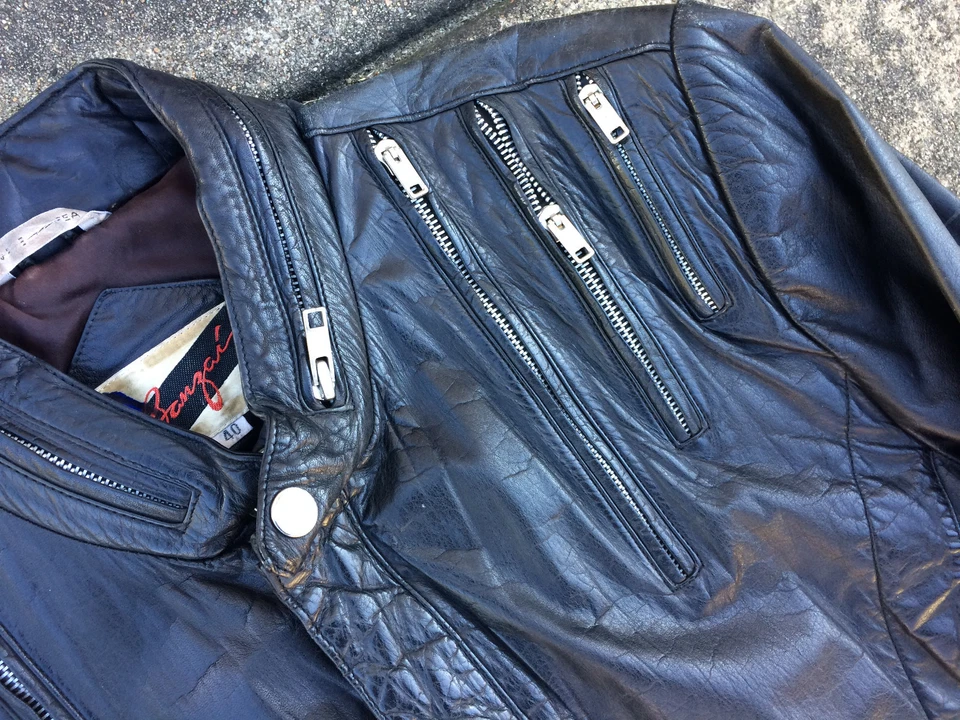 ¡Raro! Chaqueta Abrigo Cuero Negro Cremalleras Cremalleras Vintage Años 70 80 Punk New Wave Rock Tour Foto 4 de 4