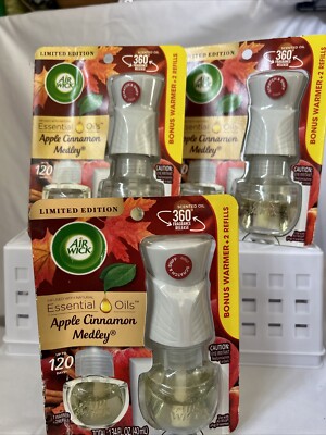 3) Air Wick Plug In Scented Oil Starter Kit* Bonus Refill*Apple Cinnamon Medley
