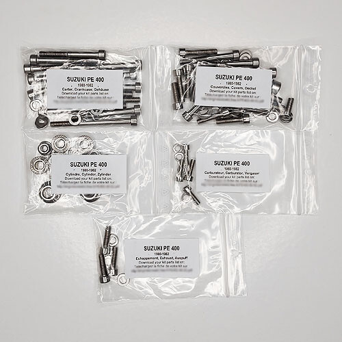 Kit vis Suzuki PE 400 résistant pour remplacer la visserie moteur usée ou rouillée