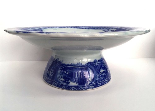 VICTORIA WARE IRONSTONE FLOW BLUE PEDESTAL DISH -SHALLOW BOWL -COMPOTE 10"d. EUC - Picture 3 of 6