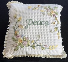 Vtg Embrodiered Flowers Throw Pillow Cream Colored Pink Yellow Green Peace