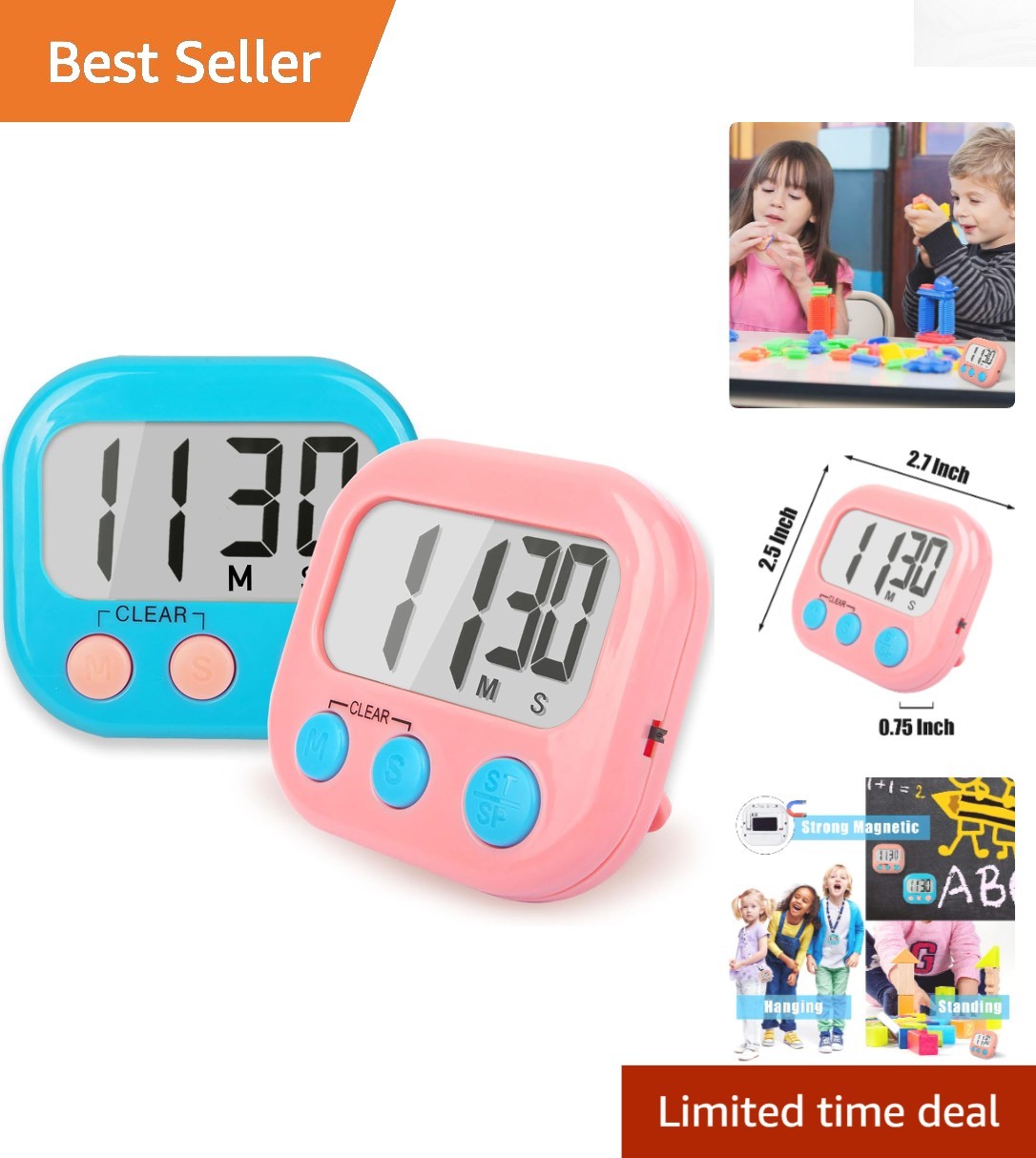 Magnetic Classroom Timers - 2 Pack Blue & Pink Digital Count