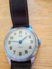 Smiths Empire 5J Manual Wind Wristwatch Cream Dial Brown Leather Strap 1950s